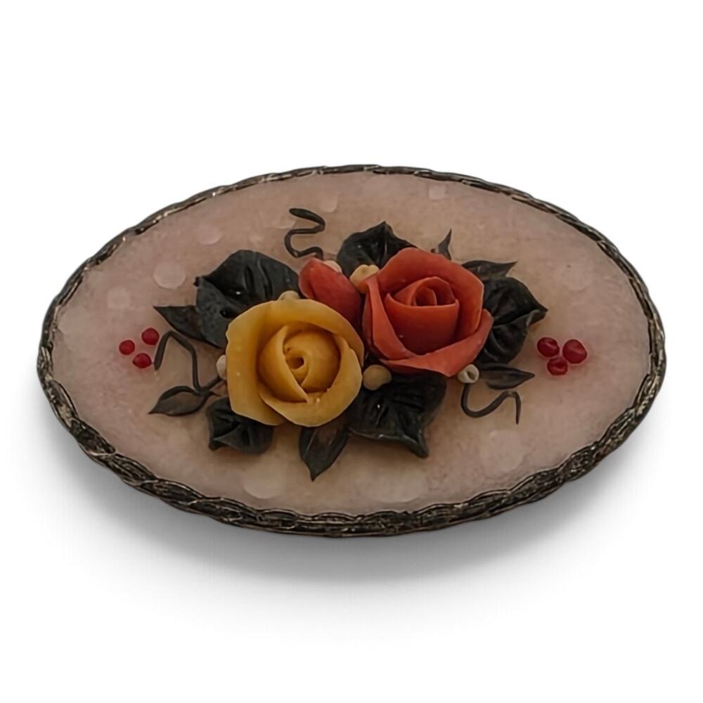 Antique Floral Brooch Dimensional Roses Pink